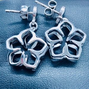 NEW - Two Tone Silver Double Sided Flower Motif Dangle Earrings